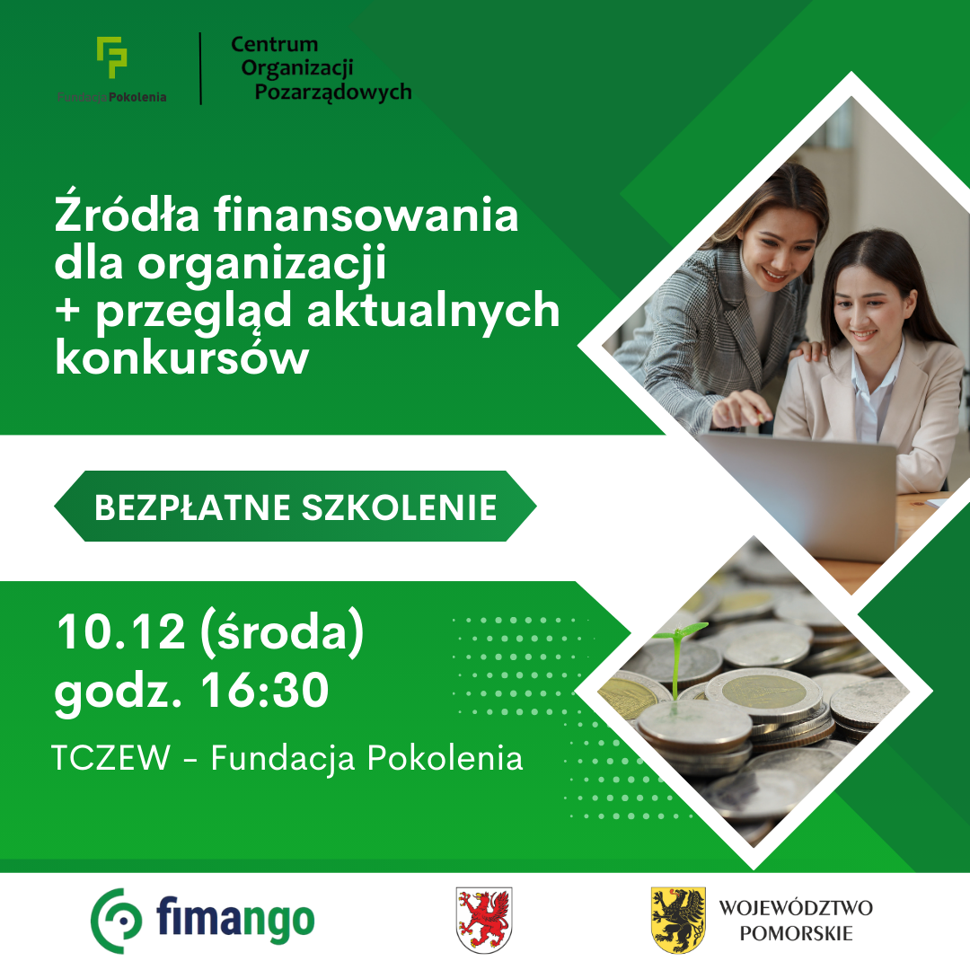 Bezpłatne szkolenie COP: źródła finansowania dla organizacji i aktualne konkursy – 10 grudnia o 16:30 w Tczewie – wpis gościnny